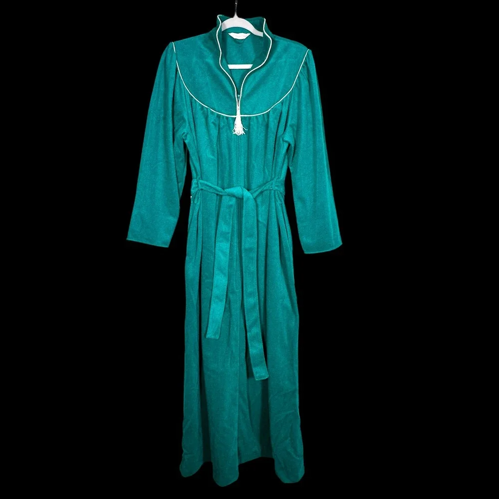 Carriage Court Teal Plush Zipper Front Robe Long Sleeve Full Length Size L 16 18